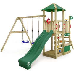 Wickey - Aire de jeux Portique bois Smart Savana avec balançoire et toboggan Maison enfant exterieur avec bac à sable, échelle d'escalade &