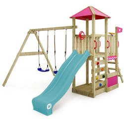 Wickey - Aire de jeux Portique bois Smart Savana avec balançoire et toboggan Maison enfant exterieur avec bac à sable, échelle d'escalade &