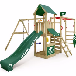 Aire de jeu pour enfant - WICKEY Smart Baboon - Cadre descalade avec balançoire et toboggan vert