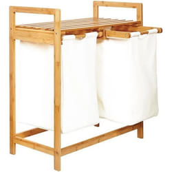 Lumaland Panier à Linge en Bambou 73 x 64 x 33 cm - 2 Poches Amovibles - Blanc - Corbeille de Rangement