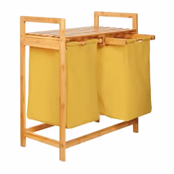 Lumaland Panier à Linge en Bambou 73 x 64 x 33 cm - 2 Poches Amovibles - jaune - Corbeille de Rangement