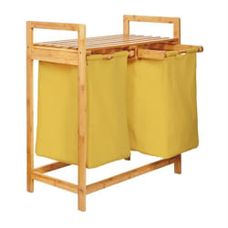 Lumaland Panier à Linge en Bambou 73 x 64 x 33 cm - 2 Poches Amovibles - jaune - Corbeille de Rangement