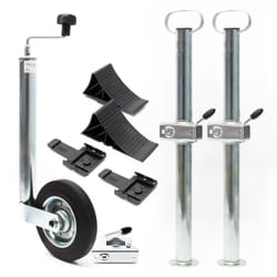 Wiltec - Kit Béquille de remorque avec 10 pièces – Roue Jockey, Support, Borne de serrage, Cales de roue – Capacité jusqu'à 362 kg – en Acier