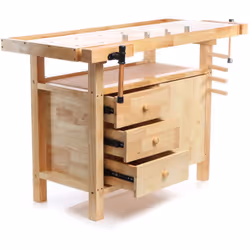 Établi en bois de caoutchouc robuste Hauteur : 84 cm, épaisseur de la plaque à travailler : 18 mm Avec des pinces de serrage  ...