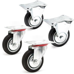 Wiltec - Kit de 4 Roulettes – ø 75 mm – Capacité 50 kg – 2x Roulette pivotante, 2 x Roulette fixe – Roue en caoutchouc avec Plaque de montage Jante