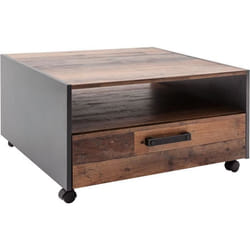 Table basse carré à roulette - Panneaux de particules - Décor bois vieilli et gris - Double plateau -1 Tiroir - L70 x P70 x H40 cm