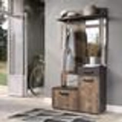 Meuble dentrée vestiaire SMILE 1 porte et 1 tiroir - Mélaminé chêne tabac et gris mat - Miroir - L 104 x P 32 x H 190 cm
