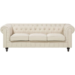 Canapé 3 Places en Tissu Beige Assise Rembourrée Large Dossier Points Chesterfield