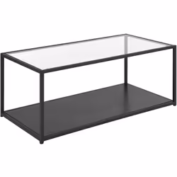 Table basse avec structure en métal noir et plateau en verre. Cette table basse de forme rectangulaire apportera un style art ...