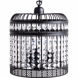 Lustre en forme de cage à oiseaux avec cristaux suspendus. Un mélange inhabituel de style industriel lourd et de cristaux gla ...