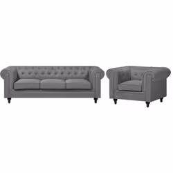Lot canapé et fauteuil en tissu gris clair. Caractérisé par une silhouette élégante avec de larges bras en volute, cet ensemb ...