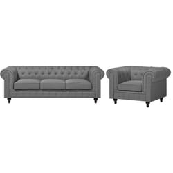 Ensemble Canapé et Fauteuil en Tissu Gris Dossier à Points Diamant Chesterfield