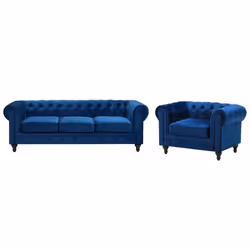 Ensemble canapé et fauteuil en velours bleu cobalt 4 places CHESTERFIELD