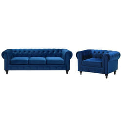 Ensemble canapé et fauteuil en velours bleu cobalt 4 places CHESTERFIELD