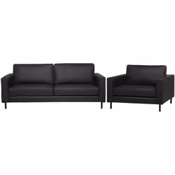 Fauteuil et canapé en cuir fendu noir au style moderne. Ce set constitué d'un canapé 3 places et d'un fauteuil de style conte ...
