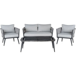 Salon de Jardin ou Terrasse Table Basse Canapé et 2 Fauteuils Gris en Rotin et Aluminium avec Coussins Confortables Style Moderne Intemporel Beliani