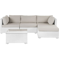 Ensemble de Jardin en Rotin Synthétique 4 Places Modulable Angle à Gauche avec Table Basse et Coussins Beige Blanc Sano ii