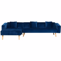 Grand canapé d'angle en velours bleu. Apportez plus de confort dans votre intérieur grâce à ce canapé d’angle pratique ! L’as ...