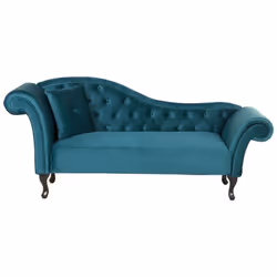 Chaise longue en velours bleu paon côté gauche. Élégant, original et extrêmement confortable ! La chaise longue en cuir artif ...