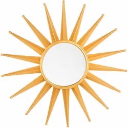 Miroir mural en forme de soleil doré. A la fois pièce d'accent et objet fonctionnel, ce miroir peut être utilisé dans tout ty ...