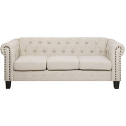 Canapé 3 Places en Tissu Beige Assise Rembourrée Large Dossier Points Chesterfield