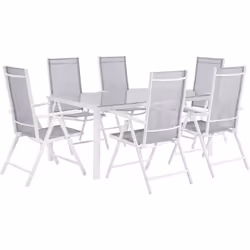 Table de jardin et 6 chaises pliables en aluminium blanc et textile gris. Cet ensemble très pratique, composé d'une table et  ...