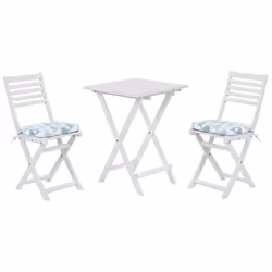 Table et 2 chaises de jardin blanches en bois avec coussins bleus FIJI