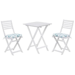 Table et 2 chaises de jardin blanches en bois avec coussins bleus FIJI