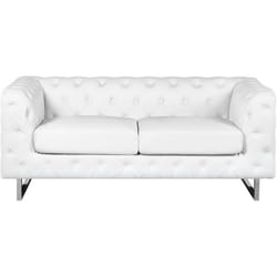 Canapé Fixe 2 Places Style Chesterfield Capitonnés en Cuir pu Blanc avec Pieds en Acier Inox Top Tendance pour Salon Chic et Glamour Beliani