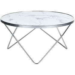 Table Basse Ronde avec Plateau en Verre Imitation Marbre Blanc et Structure en Métal Argenté pour Salon Moderne et Glamour Beliani