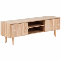 Meuble TV bois clair avec deux compartiments fermés et deux étagères ouvertes. Ce meuble TV offre un grand espace de rangemen ...