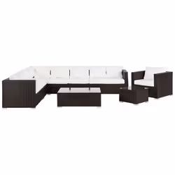 Salon de Jardin modulable 8 places en rotin marron et coussins beiges XXL