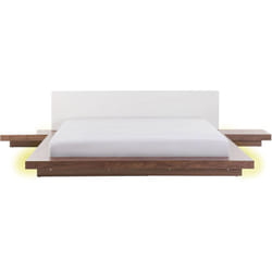 Lit Double Japonais 180 x 200 cm en mdf Blanc et Marron à Tables de Chevet et led Zen