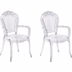 Lot de 2 chaises transparentes avec accoudoirs. Les belles formes incurvées des chaises, les pieds fins et les décorations du ...