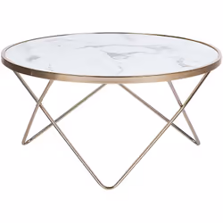Description générale Table basse avec plateau en verre imitation marbre blanc, alliant design art déco et modernité. Ses pied ...