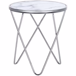 Table d'appoint avec plateau en verre imitation marbre blanc. Cette table d'appoint élégante et de petite taille, s'adapte pa ...