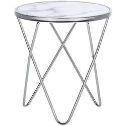 Beliani - Table d'Appoint Ronde avec Plateau en Verre Imitation Marbre Blanc et Structure en Métal Argenté pour Salon Moderne et Glamour