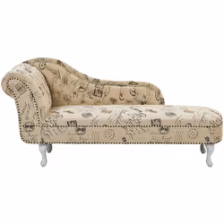 Méridienne côté gauche glamour en tissu imprimé beige à motif postal. Cette méridienne au style Chesterfiled, richement capit ...