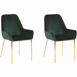 Lot de 2 chaises de salle à manger en velours vert avec pieds dorés. Avec leurs fins pieds dorés et brillants et leur revêtem ...