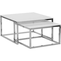 Lot de 2 Tables Basses Carrées 50x60 cm en Verre et Acier Blanc et Argenté Brea