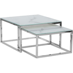 Lot de 2 Tables Basses 50x60 cm Effet Marbre Verre et Acier Blanc Argenté Brea