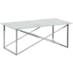 Table Basse Emporia 50 x 100 cm Effet Marbre en Verre et Acier Blanc et Argenté