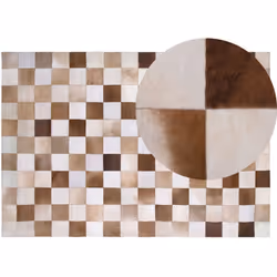 Tapis en cuir patchwork motif à damier marron et beige. Ajoutez une touche rustique à votre intérieur avec ce tapis rectangul ...