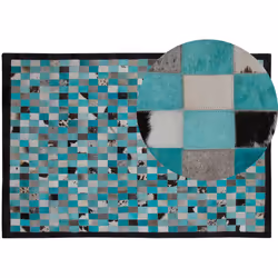 Tapis en cuir patchwork motif à damier bleu turquoise et gris. Modernisez votre espace de vie avec ce tapis accrocheur. Fabri ...