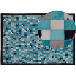 Tapis en cuir patchwork motif à damier bleu turquoise et gris. Modernisez votre espace de vie avec ce tapis accrocheur. Fabri ...