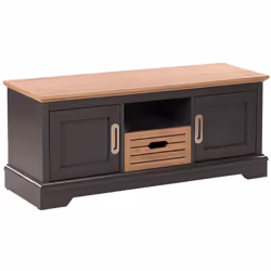 Meuble TV traditionnel gris avec deux portes et un tiroir. Cette unité multimédia aux formes rétro convient à tous les décors ...
