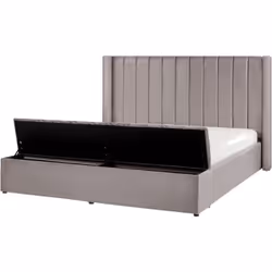 Lit avec rangement. Ce merveilleux lit entièrement revêtu en velours gris est un véritable bijou déco pour chaque chambre à c ...