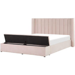 Lit en Velours avec Tête Haute Lattes et Coffre 160 x 200 cm Rose Pastel Noyers