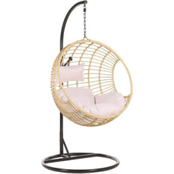Fauteuil Balancelle Suspendu en Forme d'Oeuf en Rotin Beige avec Support en Acier Noir Idéal pour Salon Terrasse ou Balcon Beliani