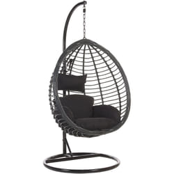 Fauteuil Oeuf Suspendu Design en Rotin Noir avec Support en Acier et Coussin Assorti Idéal pour Salon ou Terrasse au Style Boho et Moderne Beliani